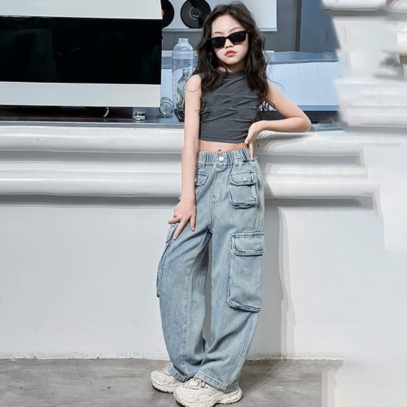 Girls Personality Fashion Pants Denim Elastic Wasit Wide Leg Pants for Teens Clothes for Girls 6-7 Years Girls Fashion