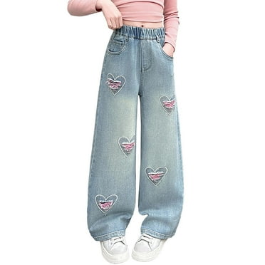 Girls Personality Fashion Pants Elastic High Waist Wide Leg High Waist Denim Pants Pants for Teen Girls Justice Girls Clothing 7-8 Years Girls Fashion