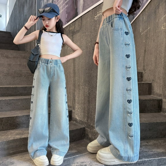 Girls Personality Fashion Pants Elastic High Waist Wide Leg Jean Denim Pants Teen Clothing Trendy Jeans