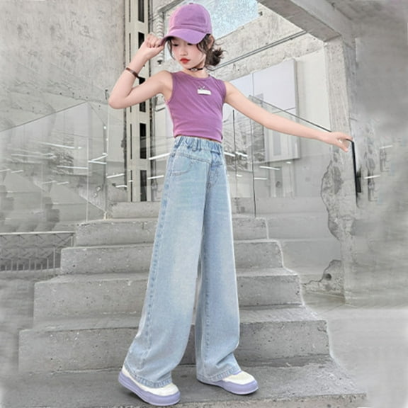 Girls Personality Fashion Pants Elastic Waist Wide-Leg Palazzo Denim Pants Baggy Denim for Girls 10-11 Years