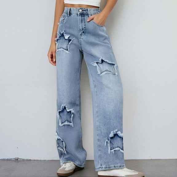Girls Personality Fashion Pants High Waist Ripped Wide Leg High Waist Denim Pants for Teens Cute Pants 12-13 Years Girls Fashion