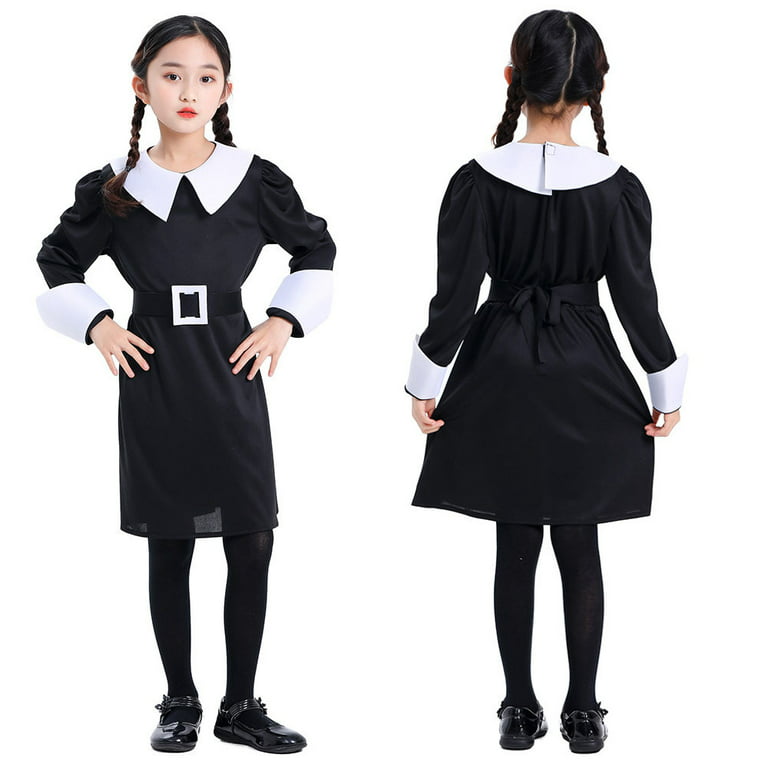 Wednesday Addams Costume Girls Peter Pan Collar Dress Short Sleeve