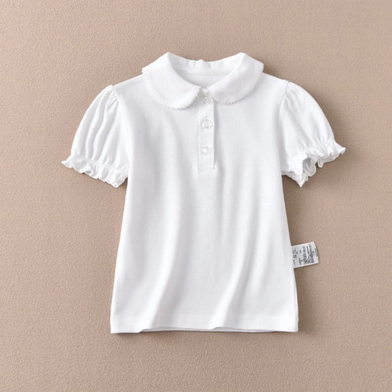 Girls Peter Pan Collar Polo Shirt School Uniform Short Sleeve Casual Jersey Ruffle Top Back to School