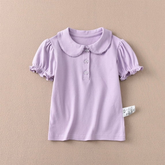 Girls Peter Pan Collar Polo Shirt School Uniform Short Sleeve Casual Jersey Ruffle Top Back to School