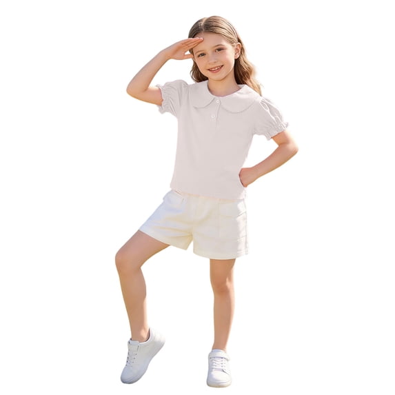 Girls Peter Pan Collar Puff Sleeve Blouse Cotton Short Sleeve Button Top Kids Shirt White,Size 5 T