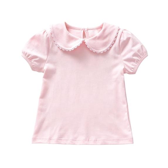 Girls Peter Pan Collar Short Sleeve T Shirt Toddler Little Kids Knit Top with Ruffle Trim Pullover Base Layer Tee