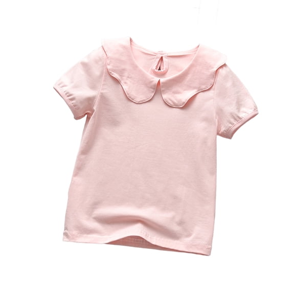 Girls Peter Pan Collar T Shirt Short Sleeve Base Layer Top for Toddler and Little Kids Ruffle Neck Casual Knit Tee