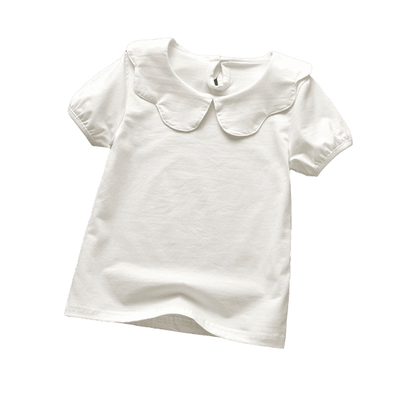 Girls Peter Pan Collar T Shirt Short Sleeve Base Layer Top for Toddler and Little Kids Ruffle Neck Casual Knit Tee
