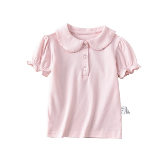 Girls Peter Pan Collar T Shirt Short Sleeve Knit Top Button Front Pullover Base Layer Tee for Big Kids Everyday Wear