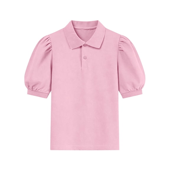 Girls Peter Pan Collar T-shirt Casual Puff Sleeve Shirt Short Sleeve Button Down Tops School Uniform Size 5-15 Years