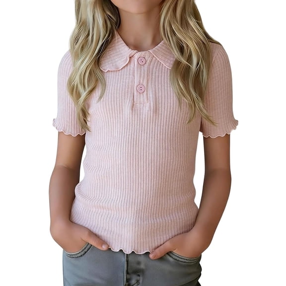 Girls Peter Pan Collar Top Ribbed Knit Short Sleeve Shirt Ruffled Scalloped Hem Blouse Kids Casual Tee,Size 5-6T
