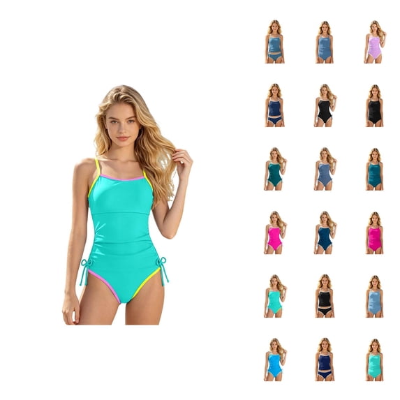 Girls Piece Swimsuit Solid Contrast Color Adjustable Knot Backless Design Sun UPF 50+ Beach Pool Activities Cute Stylish