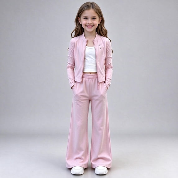 Girls Pink 2 Piece Matching Activewear Set,Crop Zip Jacket & Elastic Waist Flare Pants,Size 1-2T
