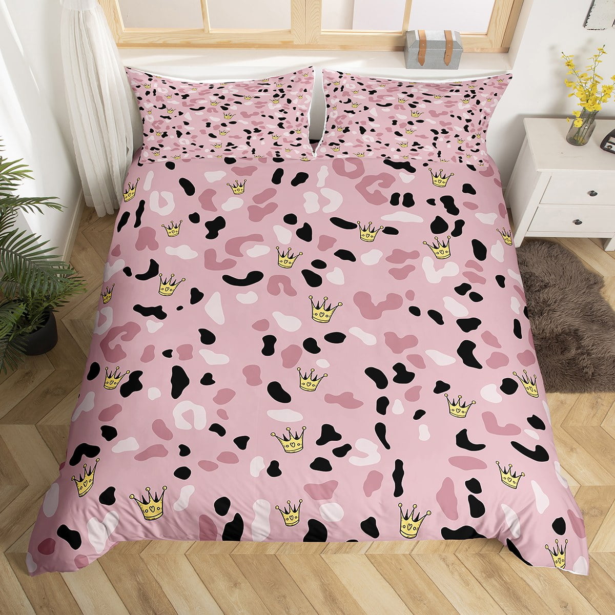 Girls Pink Bedding Sets Twin Girly Leopard Print Comforter Cover, Chic Princess Crown Bed Set