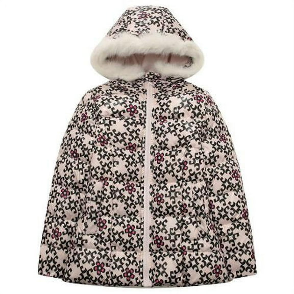 Girls Pink Black Print Fake Faux Fur Hood Padding Jacket 6/7