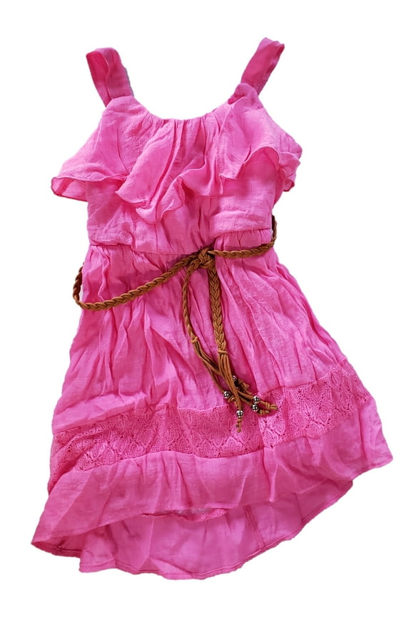 Girls Pink Boho Chic Belted Flowy Layered Ruffles Lightweight Summer Dress 4