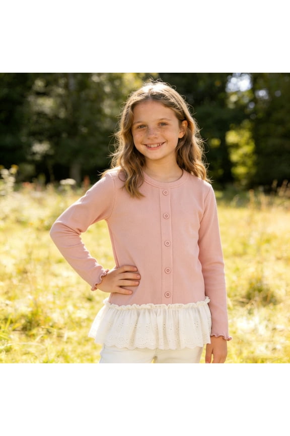 Girls Pink Cardigan Long Sleeve Button Front | Kids Lace Ruffle Sweater | Kids to Tween Soft Knit Layering Top,Size 10-12 T