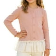 thumbnail image 1 of Girls Pink Cardigan Ruffle Hem Sweater, Soft Stretchy Button Down with Eyelet Lace Trim for Easter Spring Church & Everyday Wear, Sizes 3-14 Years,Size 3-4 T, 1 of 9