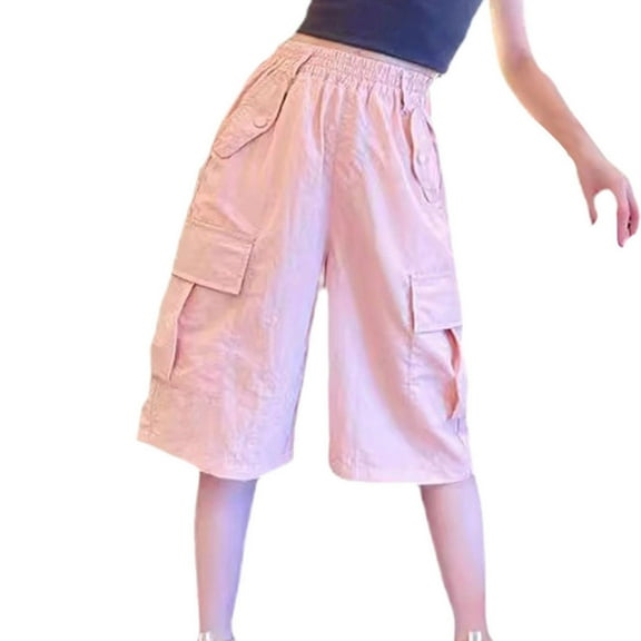 Girls Pink Cargo Pants Size 10-12 Cotton Wide Leg Capris Flap Pocket Loose High Waist Crop Trousers Bottoms 7 Years, Pink