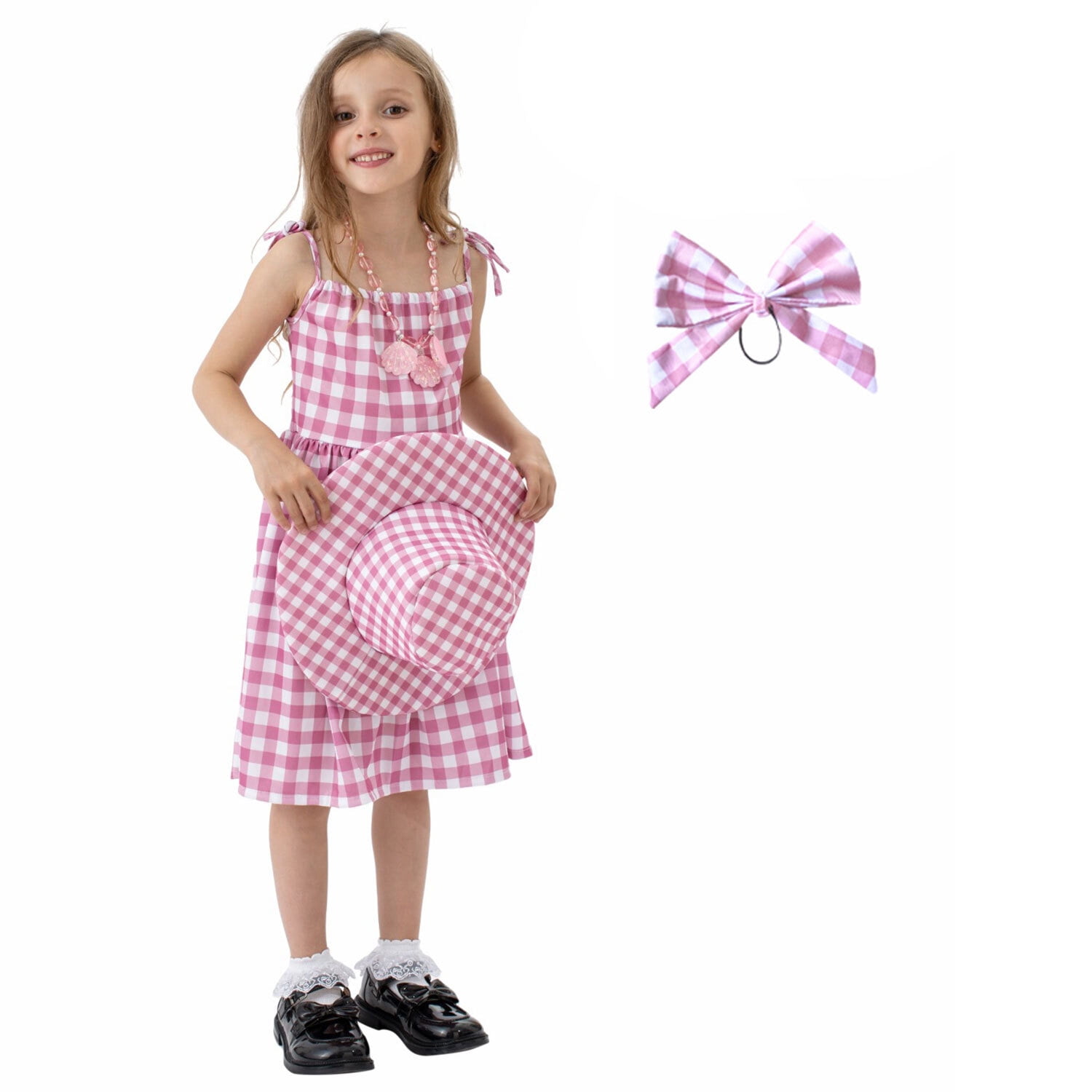 Kids Girls Margot Robbie Movie Dress Pink White Plaid A-line Dress