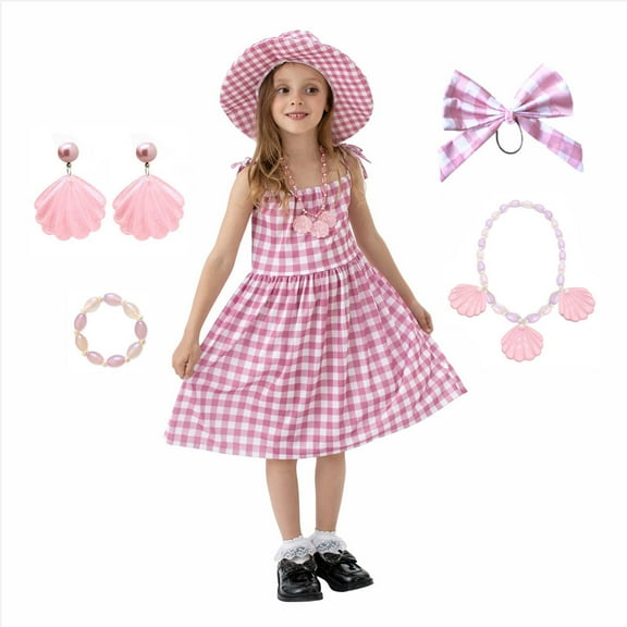 Girls Pink Costume Dress Movie Margot Robbie Cosplay Outfits with Hat&Bowknot Hairband, S-XL