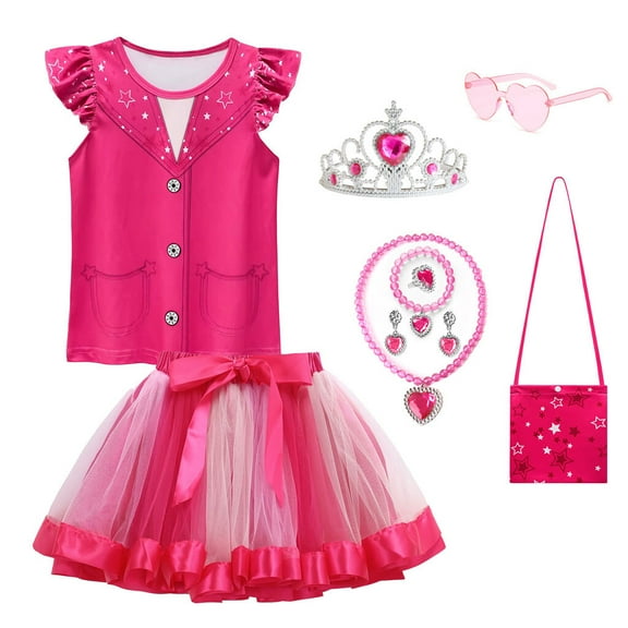 Girls Pink Costume Set rainbow Tutu Dress For Kids Movie Cosplay Dress Up Outfits Halloween Birthday Party