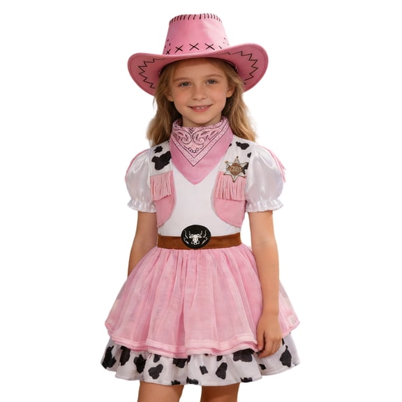 Girls Pink Cowgirl Dress Set With Vest, Skirt, Hat & Belt - Western Outfit For Halloween Party, Play & Dress Up