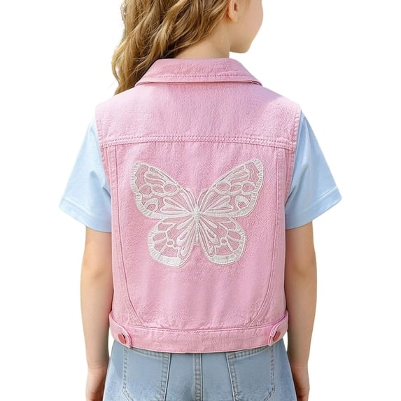 Girls Pink Denim Vest Sleeveless Butterfly Embroidery Kids Jean Vest 3T-5,Size 18 Months