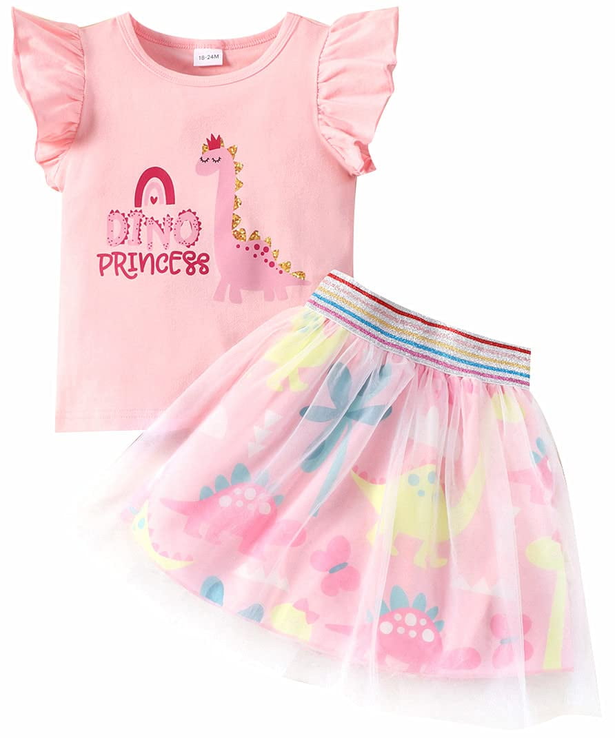 Sytepopcy Toddler Girls 2-Piece Dinosaur Outfit Sets: Ruffle Sleeve ...