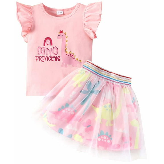 Girls Pink Dinosaur Outfits 2 Piece Dinosaur Skirt Sets Ruffle Sleeve Shirt Tulle Skirt 6-7 Years (185)