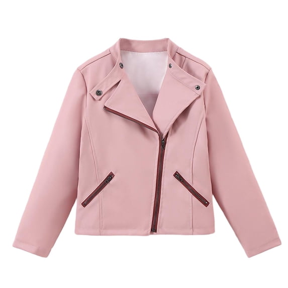 Girls Pink Faux Faux Leather Biker Jacket, Cropped Moto Jacket with Zippered Pockets for Girls 5-12 Years,Size 9-10T