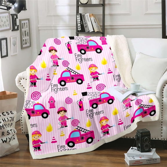 Girls Pink Fire Truck Throw Blanket Firefighters Trucks Fleece Blanket Baby 30"X40" Cartoon Firemen Rescue Car Vehicle Sherpa Blanket For Kids Car Theme Room Decor Rose Pink Stripes Flannel Blanket