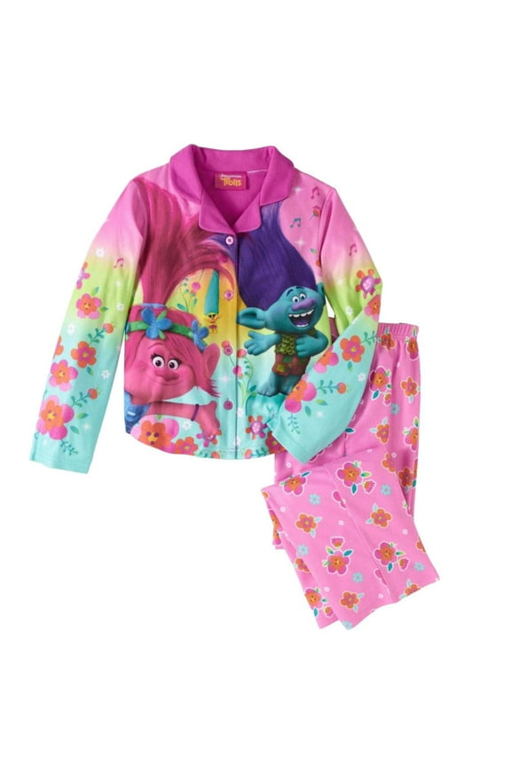 Girls Pink Flannel Trolls Movie Pajamas Poppy & Branch Button Front Sleep Set M