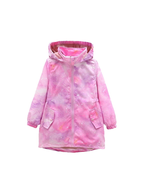 Girls' Pink Fleece Hooded Jacket, Water Resistant Lightweight Galaxy Print Zip Up Outerwear for Kids,Size 12 T