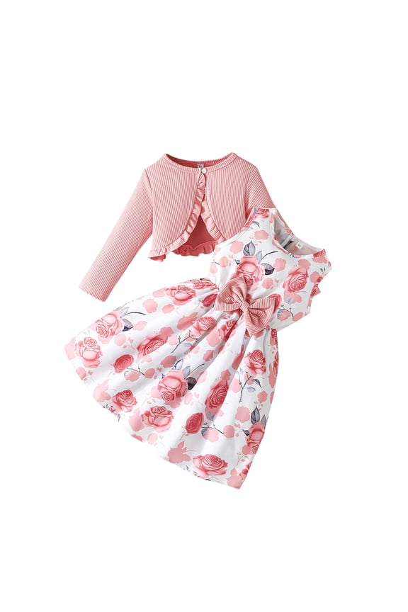 Girls Pink Floral Dress and Cardigan Set 2-Piece with Ruffle Detail for Easter Spring Party, Kids to Kids Sizes 2-11 Years,Size 3-4T