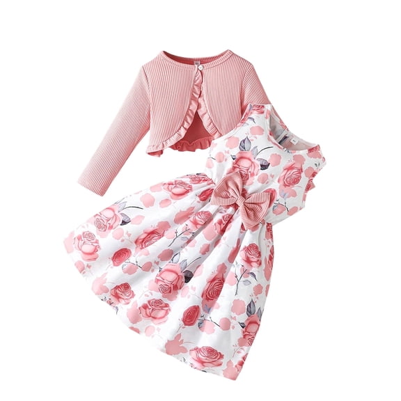 Girls Pink Floral Dress and Cardigan Set 2-Piece for Easter Spring Party Church,Size 4-5T