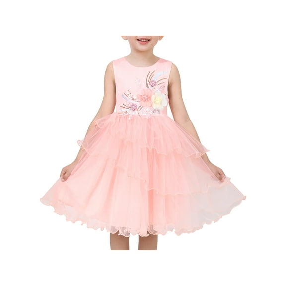 Girls Pink Floral Multilayer Ruffle Tulle Sleeveless Sequin Princess 12 Years
