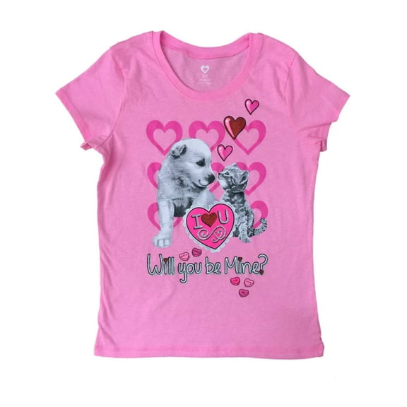 Girls Pink Glitter Be Mine Valentines Day Tee Shirt Puppy & Kitten T-Shirt XS