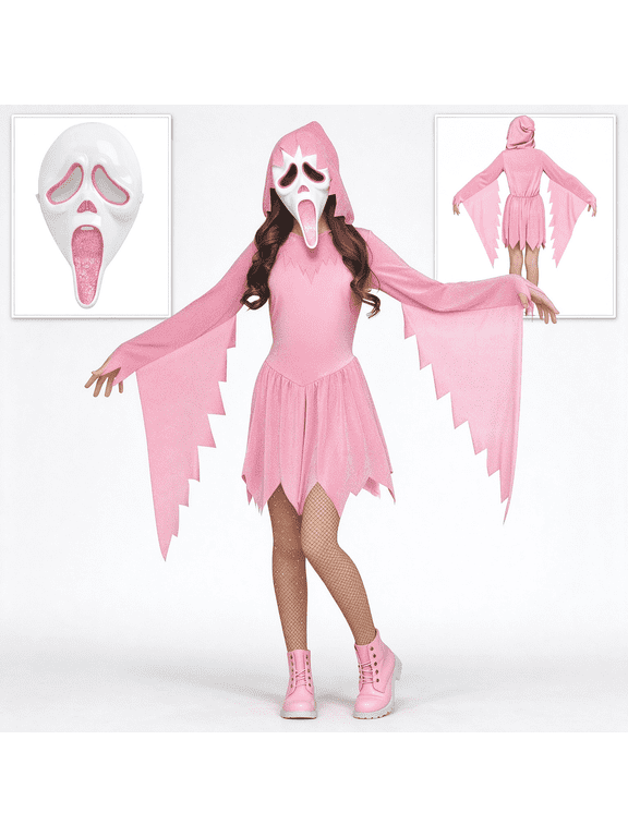 Girls Pink Glitter Halloween Costume, Bling Sparkle Horror Dress with Scream White Mask for Halloween Cosplay Party Outfit