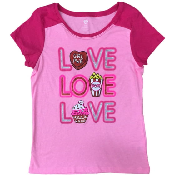 Girls Pink Glitter Love Valentines Day Tee Shirt Girl Power T-Shirt XS (4-5)