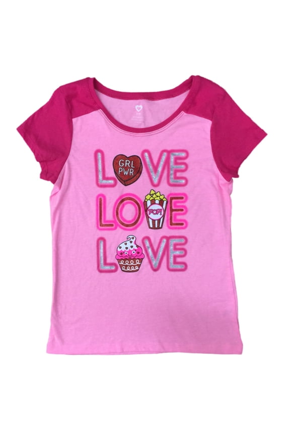 Girls Pink Glitter Love Valentines Day Tee Shirt Girl Power T-Shirt XS (4-5)