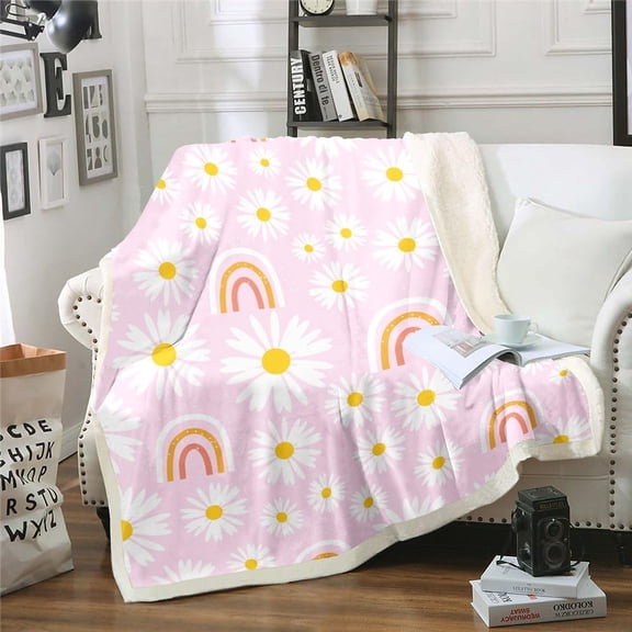 Girls Pink Kawaii Throw Blanket Throw 50"X60",Daisy Rainbow Sherpa Blanket For Kids Pastoral Rustic Blossom Flowers Rainbow Fleece Bed Blanket,Cute Cartoon Flannel Blanket Girly Sweet Room Decor
