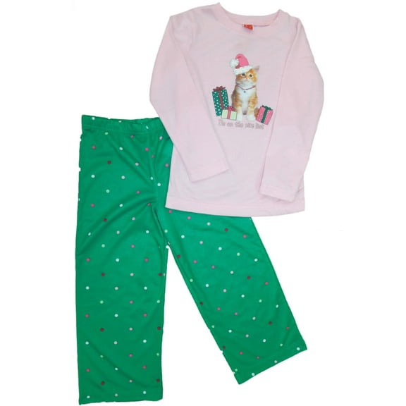 Girls Pink Kitten & Santa Cat Christmas Pajamas Polka Dot Holiday Sleep Set SM