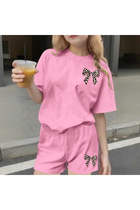 Girls Pink Leopard Print Bow 2 Piece Outfits Matching Set Short Sleeve T-Shirt and Shorts Summer Clothes,Size 3-4T