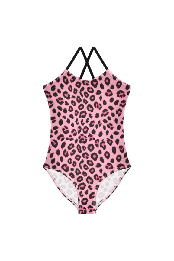 Girls Pink Leopard Print One Piece Swimsuit, Cross Back Spaghetti Strap Bathing Suit for Kids Summer Beach Pool Swimwear 7-8T