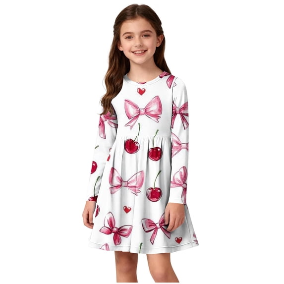 Girls' Pink Long Sleeve Cherry Bow Print Dress, Soft Stretch A-Line Twirl Dress for Party & Everyday,Size 13-14 T