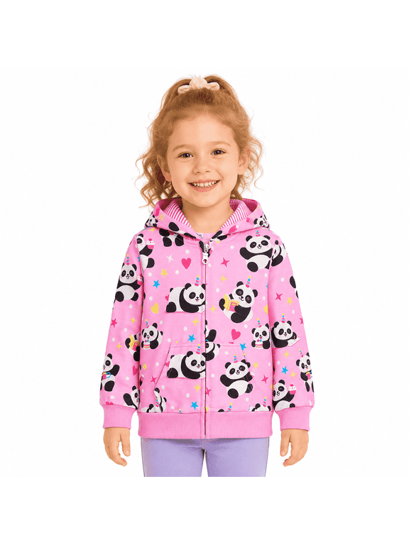Girls Pink Zip up Hoodie Hooded Sweatshirt with Panda, Toddler Kids Fall Winter Lightweight Outerwear, 3T