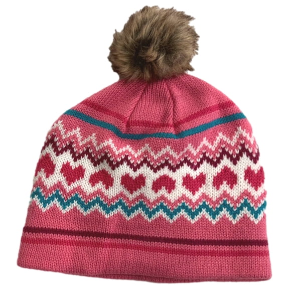 Girls Pink Nordic Heart Print Beanie Stocking Cap Hat