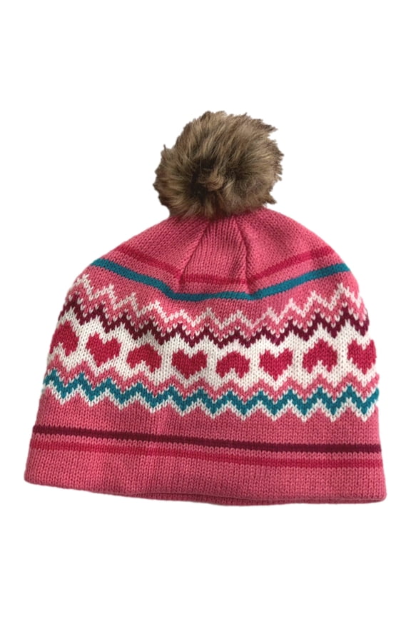 Girls Pink Nordic Heart Print Beanie Stocking Cap Hat
