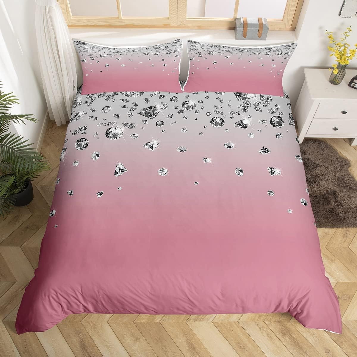 Girls Pink Ombre Duvet Cover Twin Size Pink Gradient Bedding Set for Adult Women, Western Rustic
